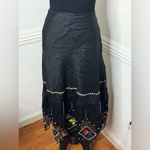 SilkLand Unique Black A-Line Skirt Colorful Embroidery Hem